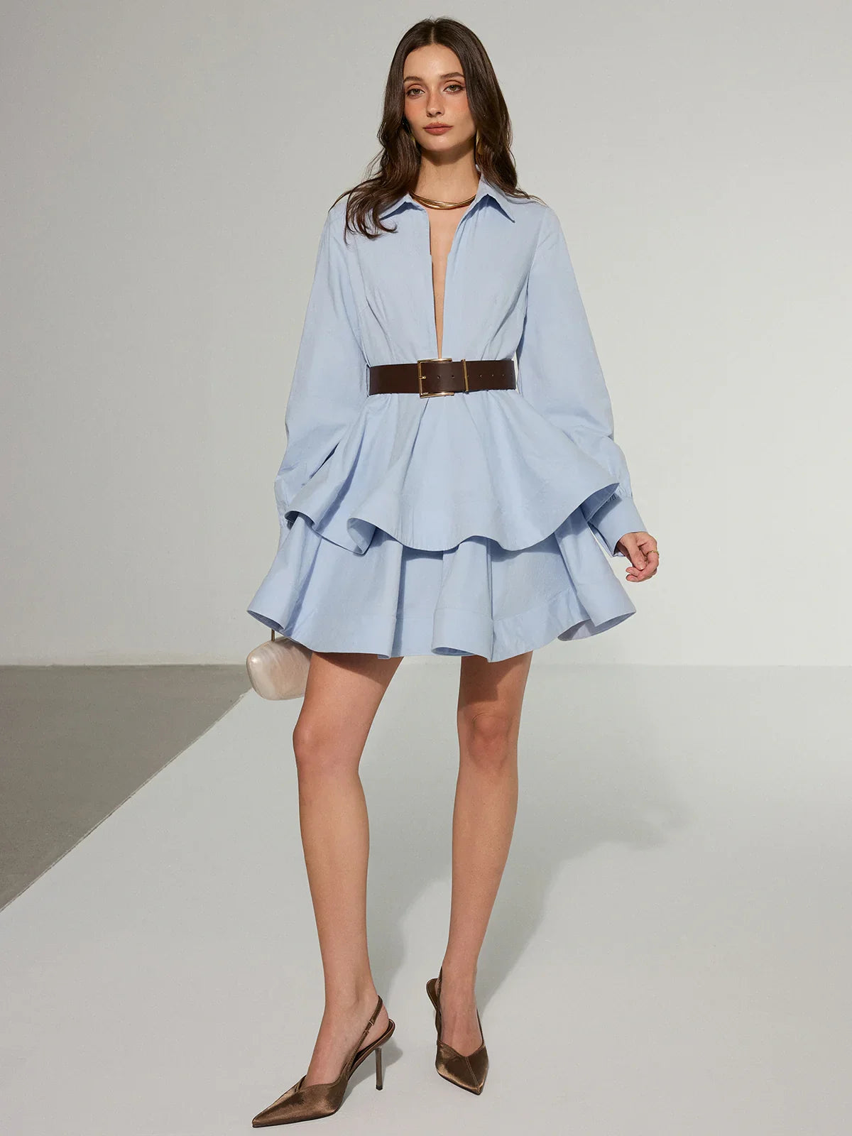 Belted Zip-Front Cotton Tiered Shirt Dress