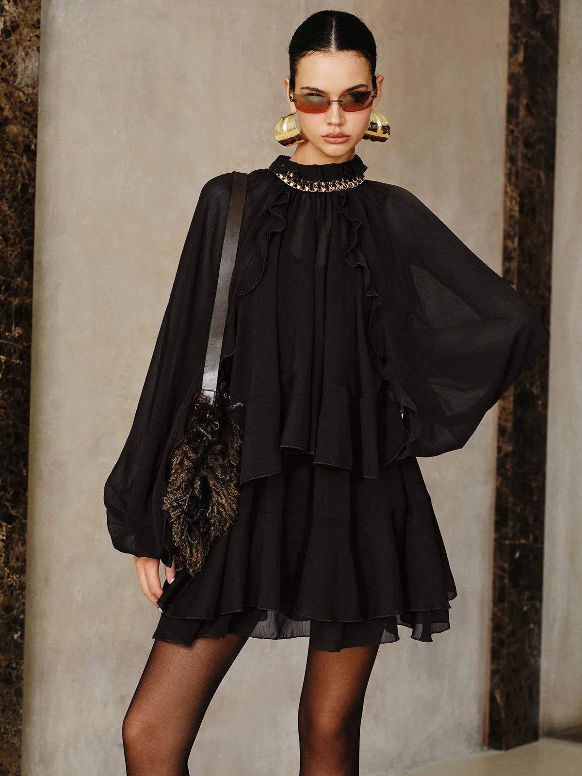 Tiered Ruffle Chiffon Mini Dress Set with Liner