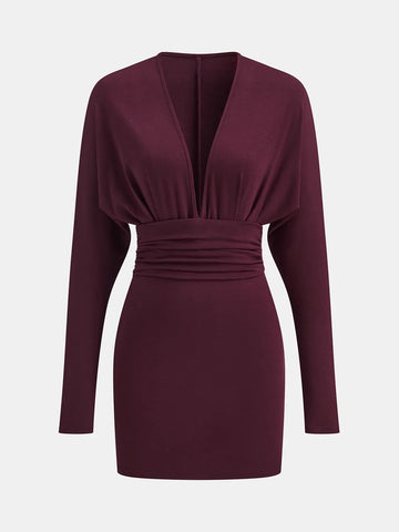 Deep V-Neck Ruched Long-Sleeve Mini Dress