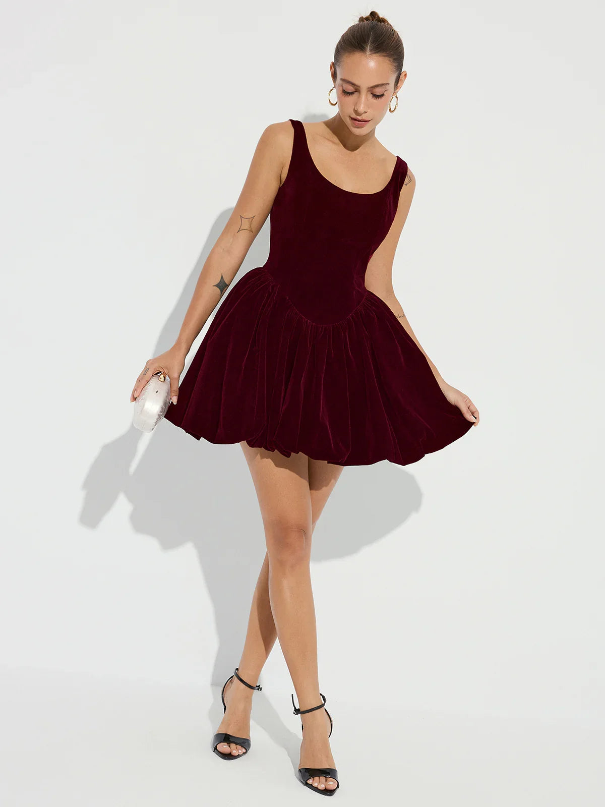Bubble Hem Velvet Strappy Mini Dress