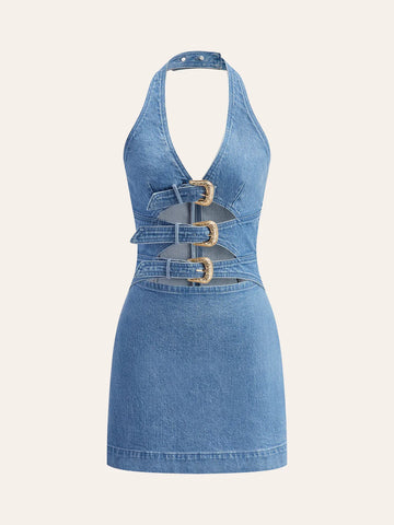 Halter Neck Buckle Detail Denim Dress