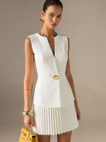 Sleeveless Metal Detail Pleated Mini Dress