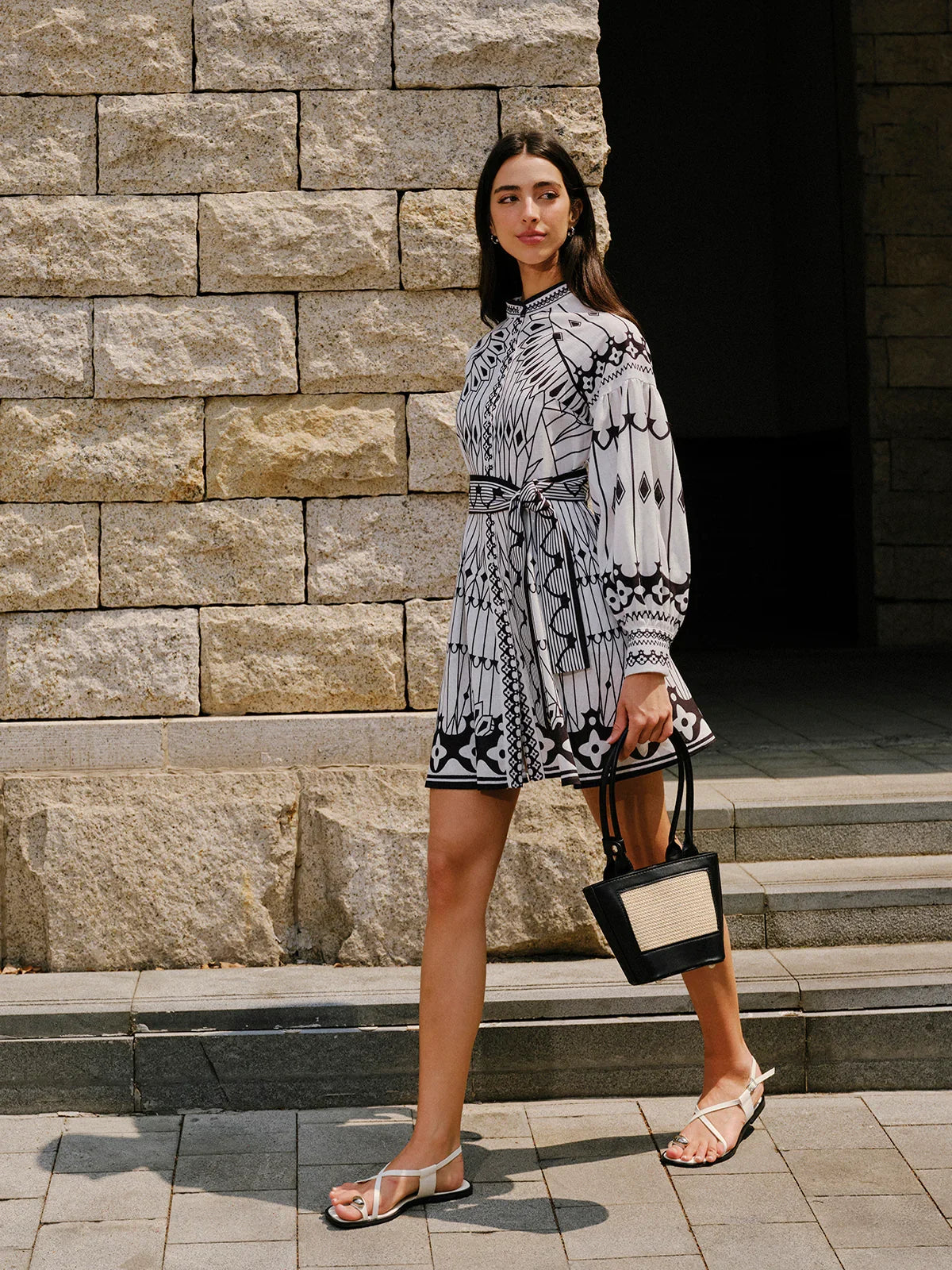 Linen Blend Long Sleeve Belted Dress