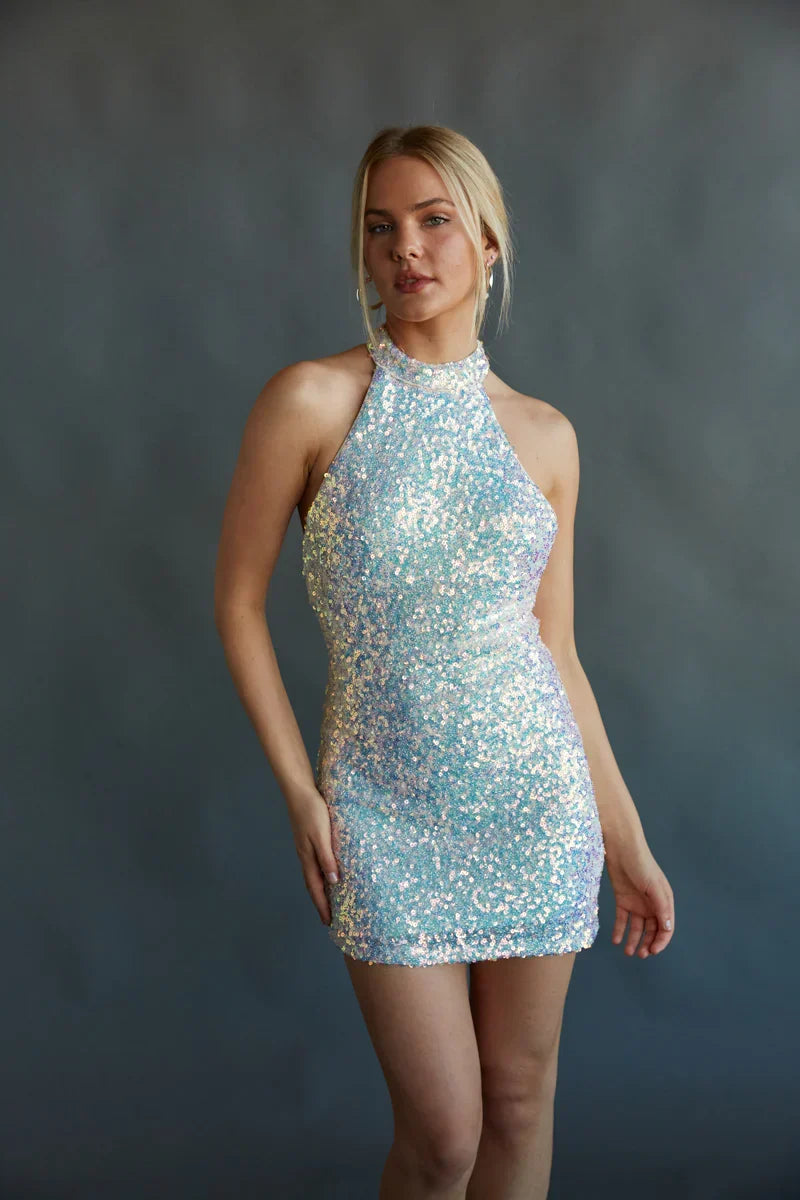 Ophelia Open Back Halter Neck Sequin Bodycon Mini Dress