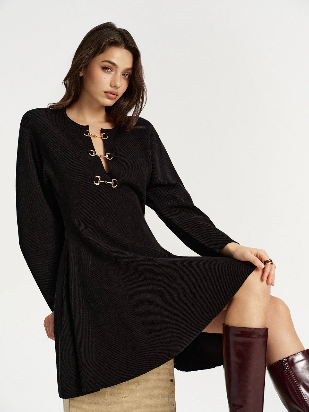 Horsebit Detail Knit Flared Dress