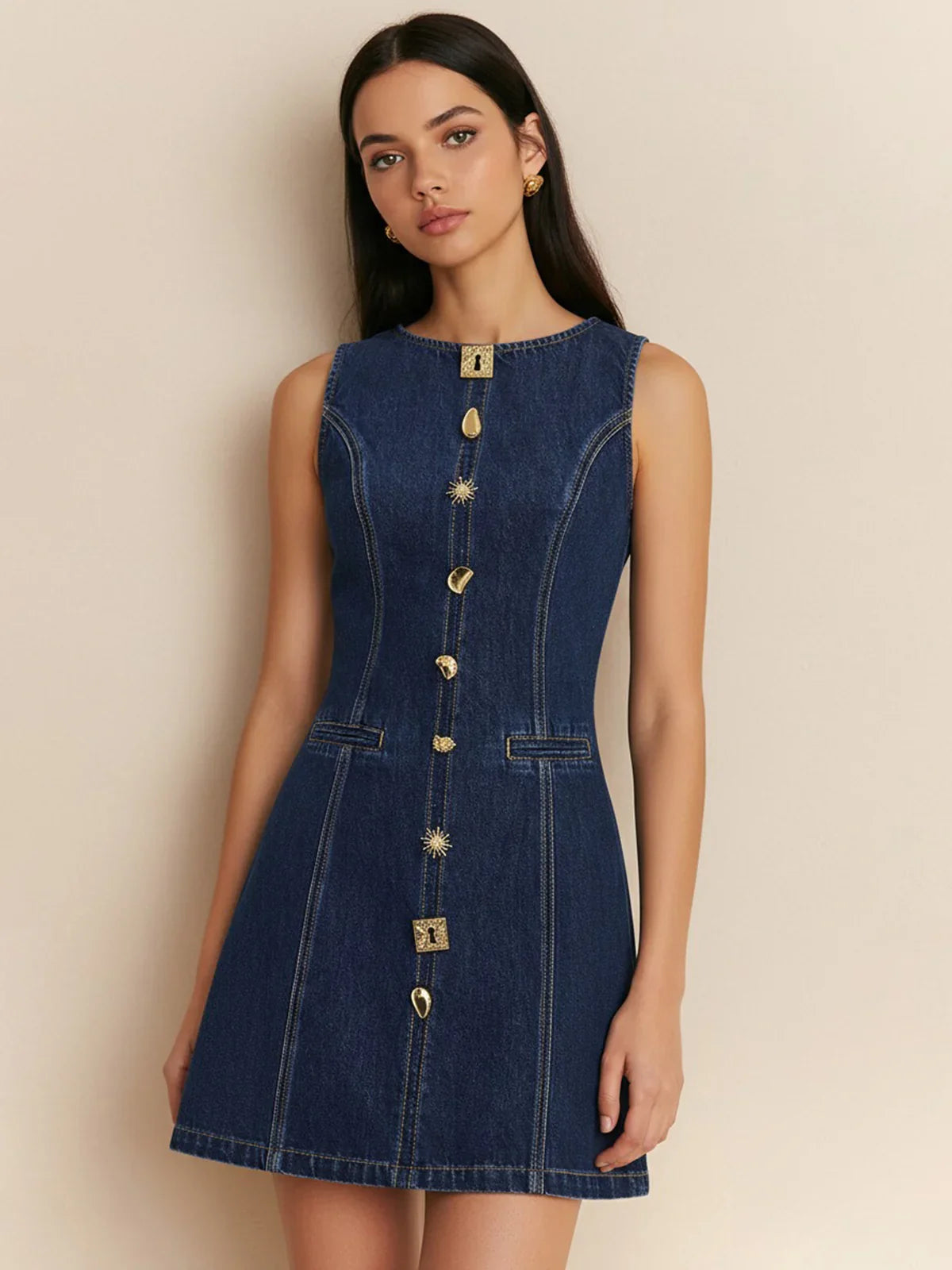 Metal Detail Denim Sleeveless Mini Dress