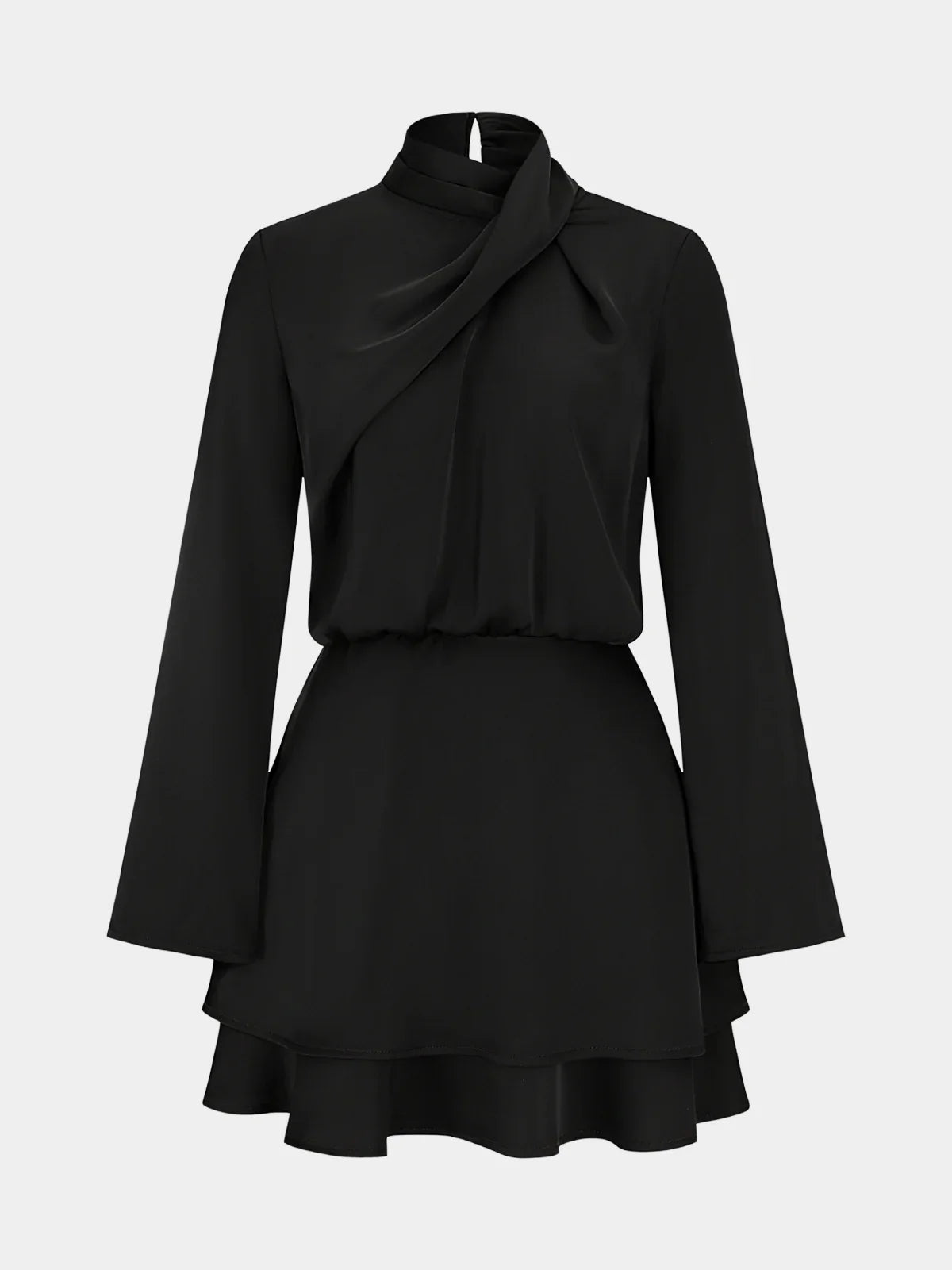 Long Sleeve Cross Neck Satin Tiered Mini Dress