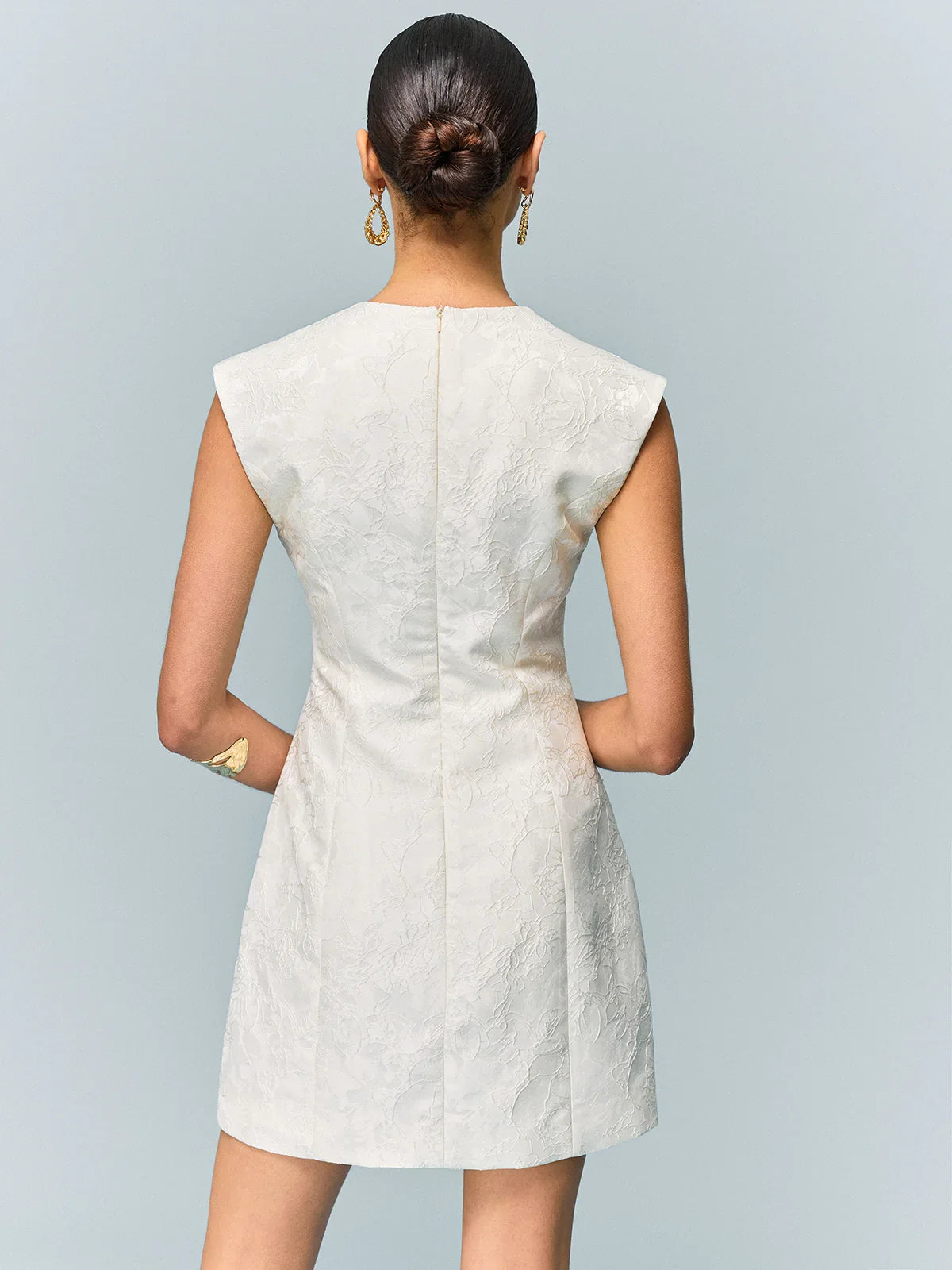 Pocketed Textured Mini Dress with Metal Button