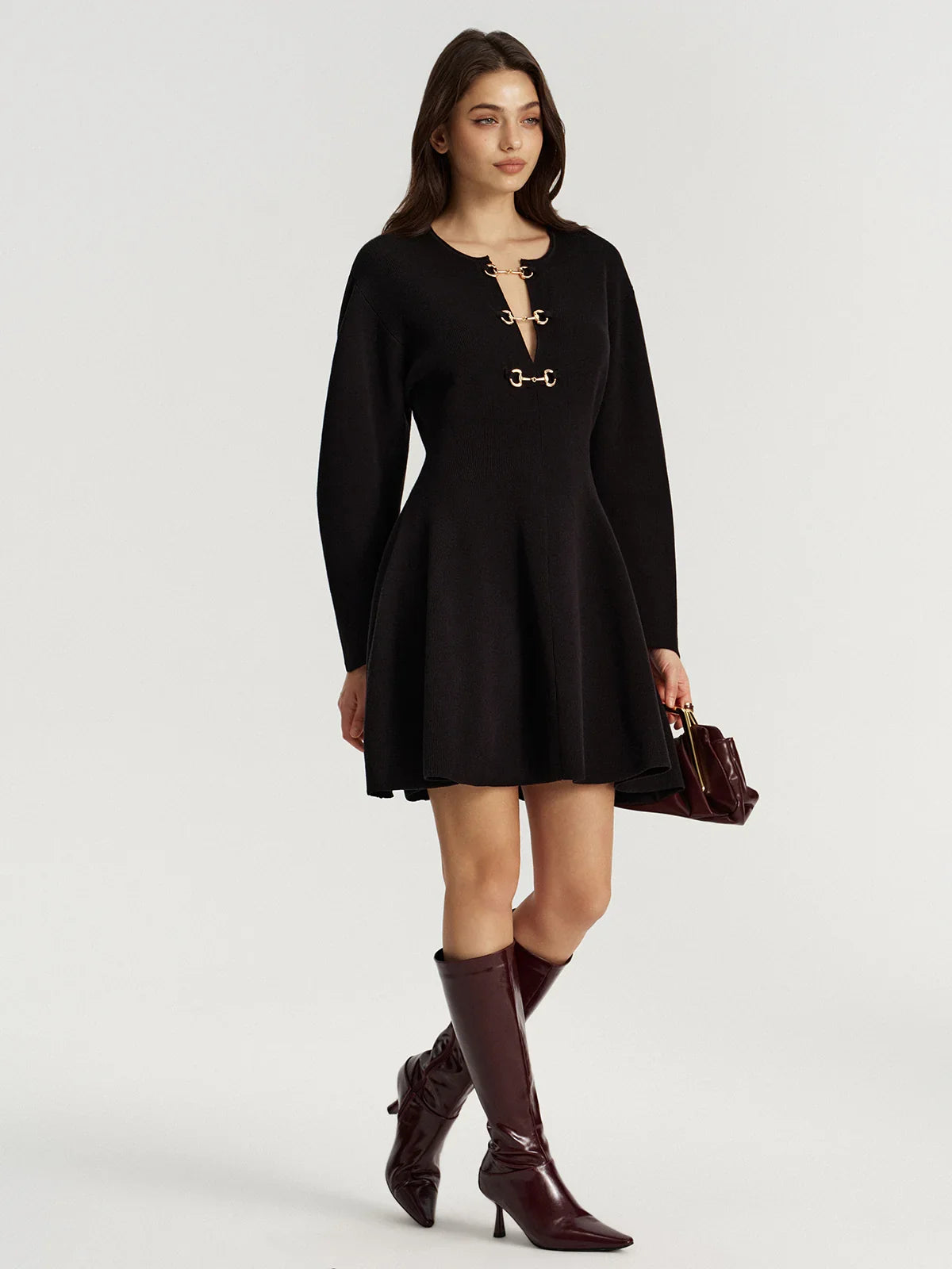 Horsebit Detail Knit Flared Dress