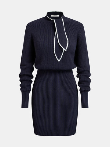 Contrast-Trim Tie-Neck Knit Midi Dress