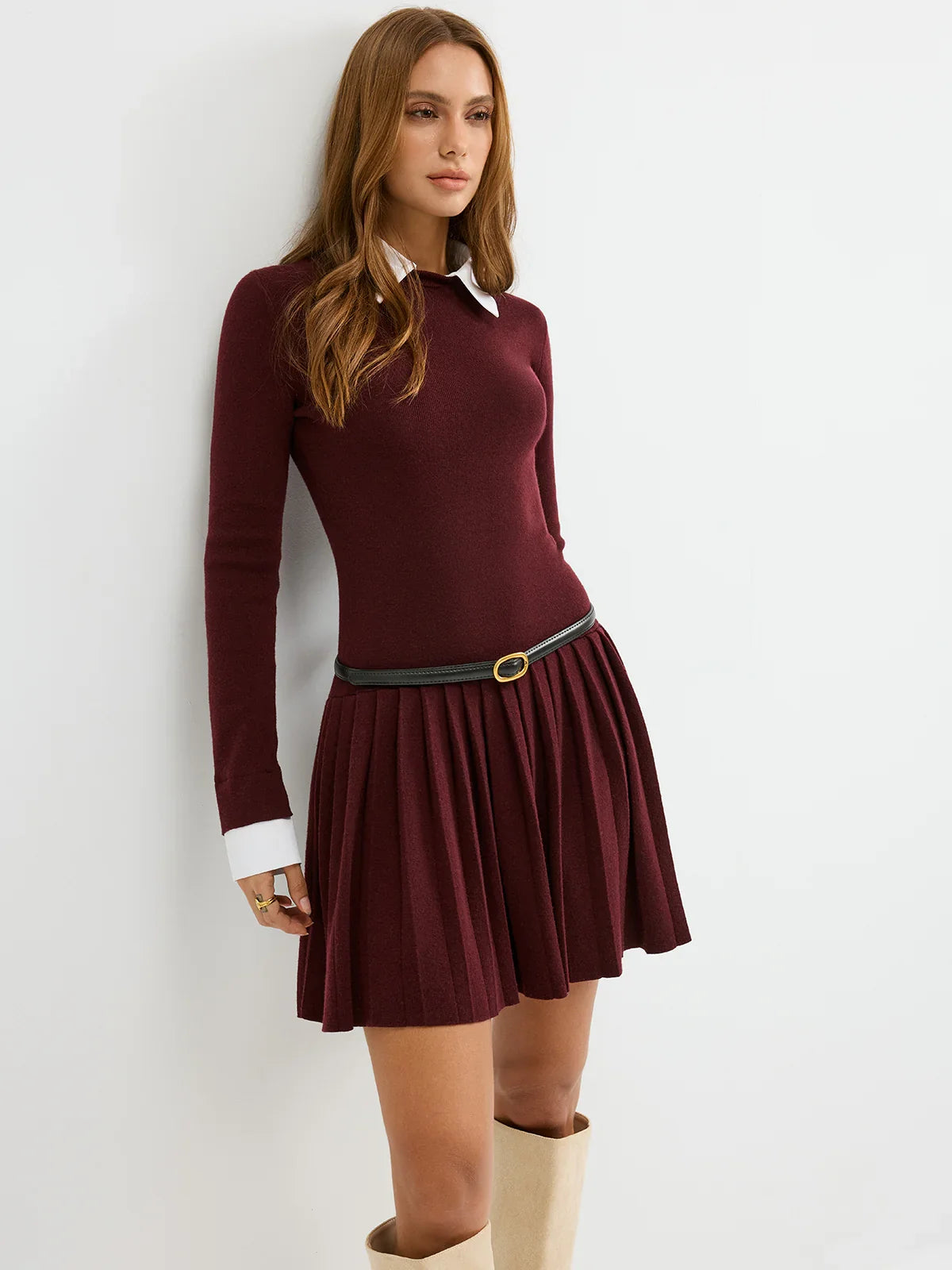 Detachable Shirt Collar Pleated Mini Dress without Belt