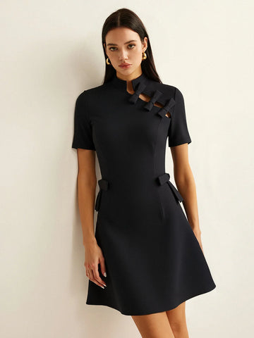 Bow Cut-Out Stand Collar Short Sleeve Dress