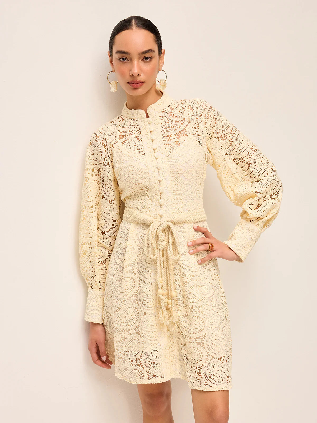 Semi-Sheer Lace Belted Dress