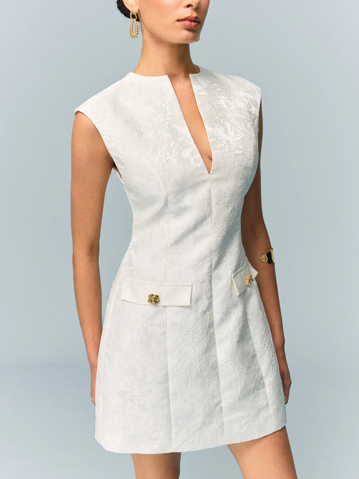 Pocketed Textured Mini Dress with Metal Button
