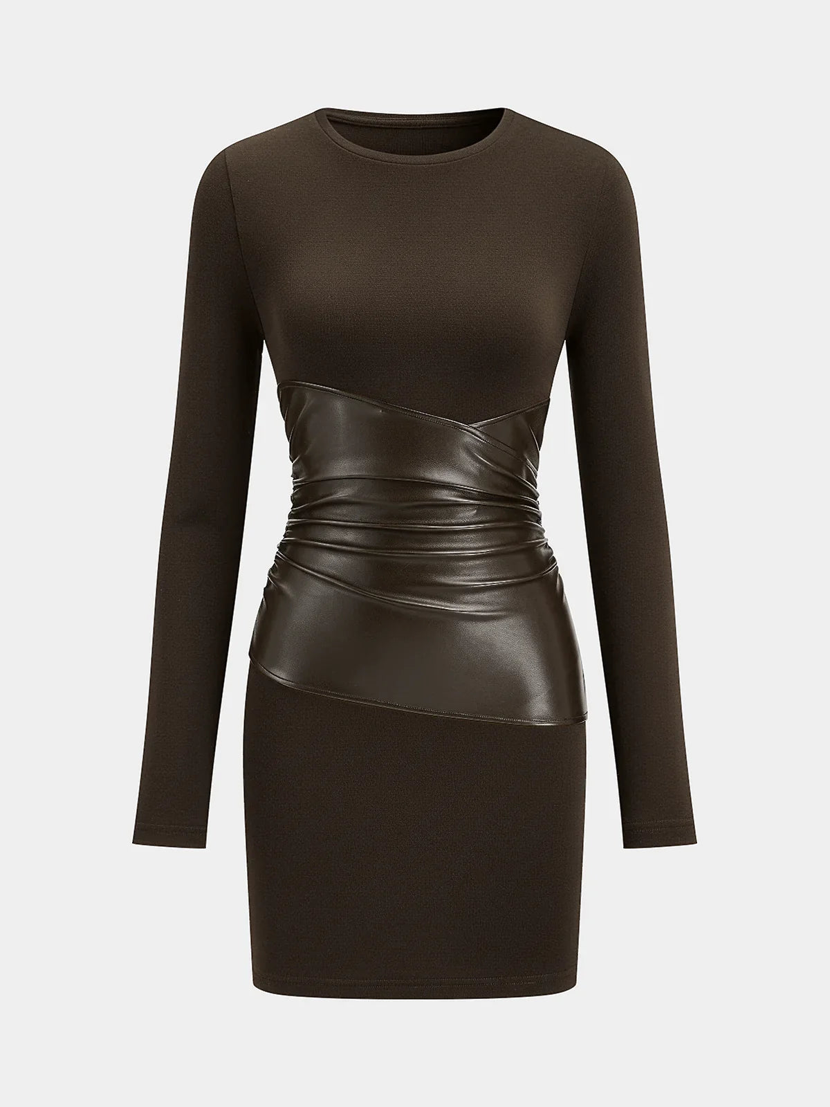 PU Leather Panel Long Sleeve Knit Dress