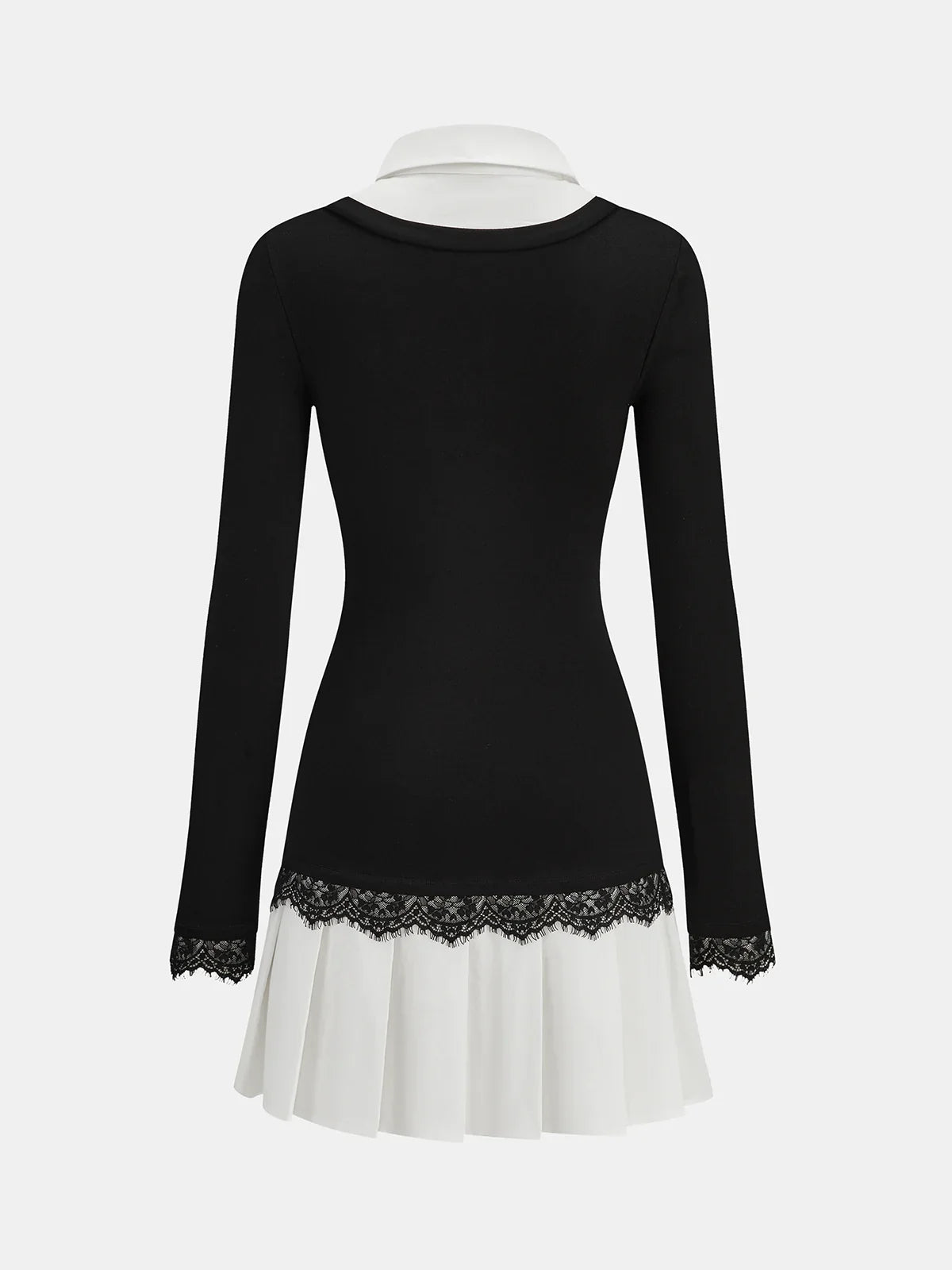 Color-Block Collared Pleated Lace Detail Mini Dress