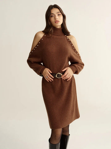 Belted Cold-Shoulder Turtleneck Knit Dress