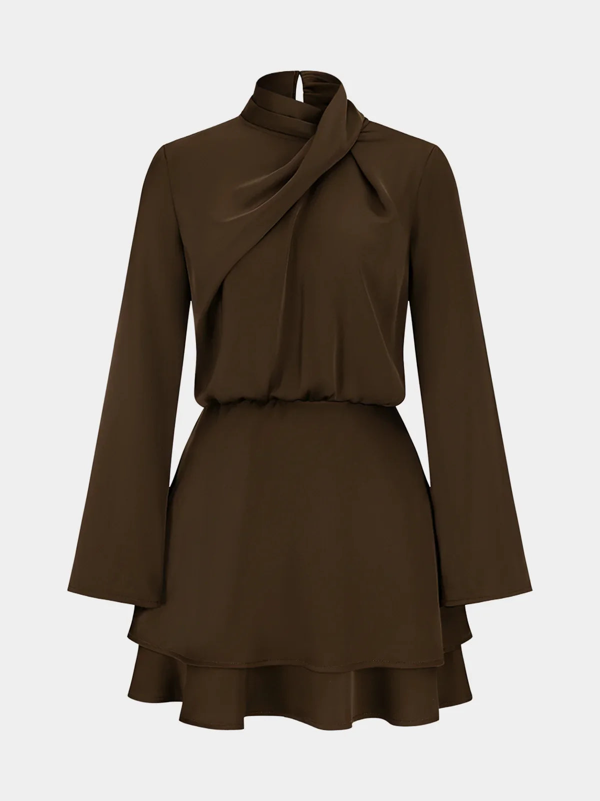 Long Sleeve Cross Neck Satin Tiered Mini Dress