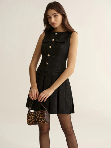 Metal Detail Tweed Pleated Mini Dress
