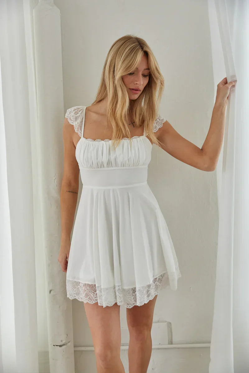 Scarlett Lace Trim Flutter Strap Babydoll Mini Dress