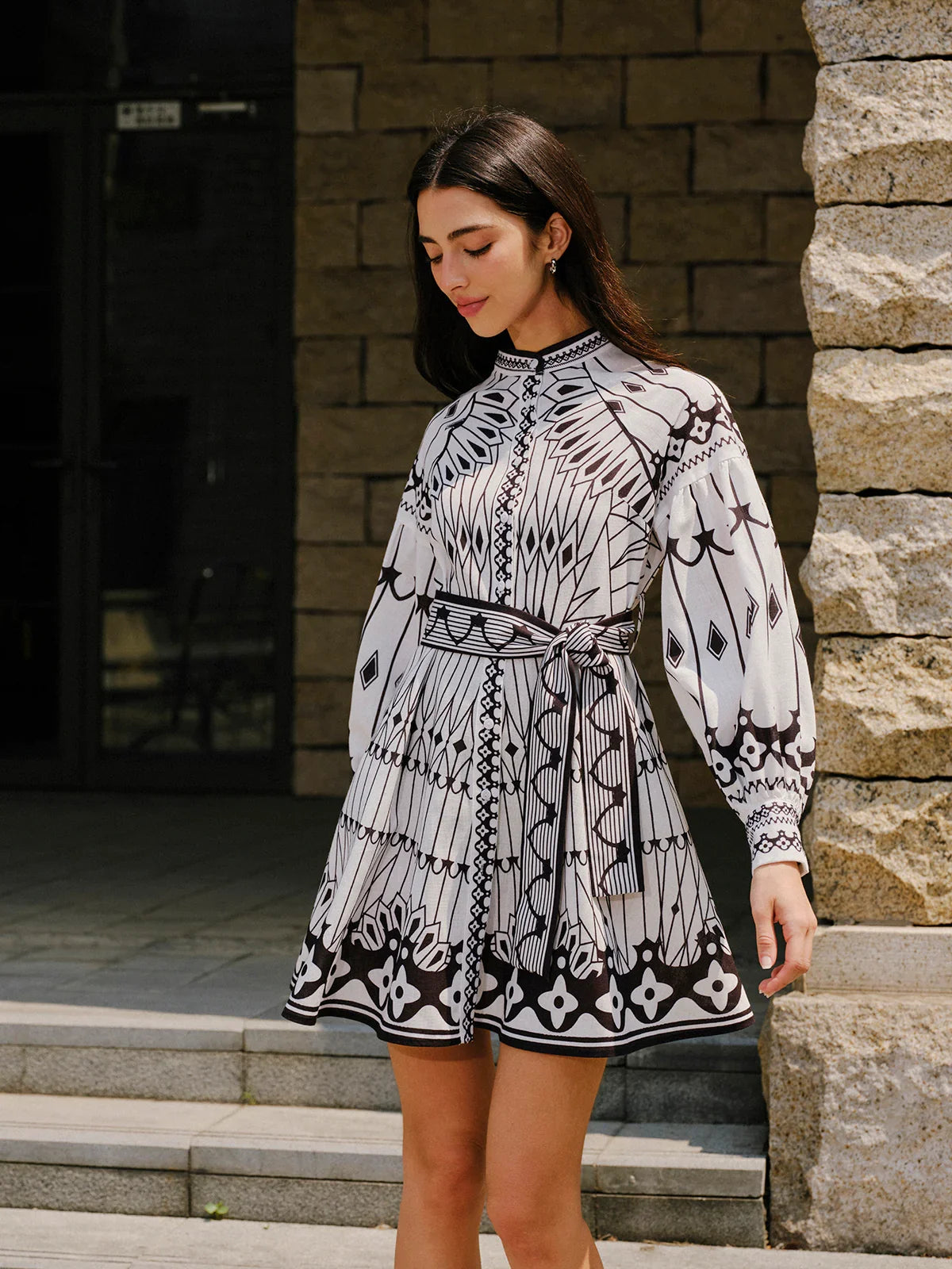 Linen Blend Long Sleeve Belted Dress