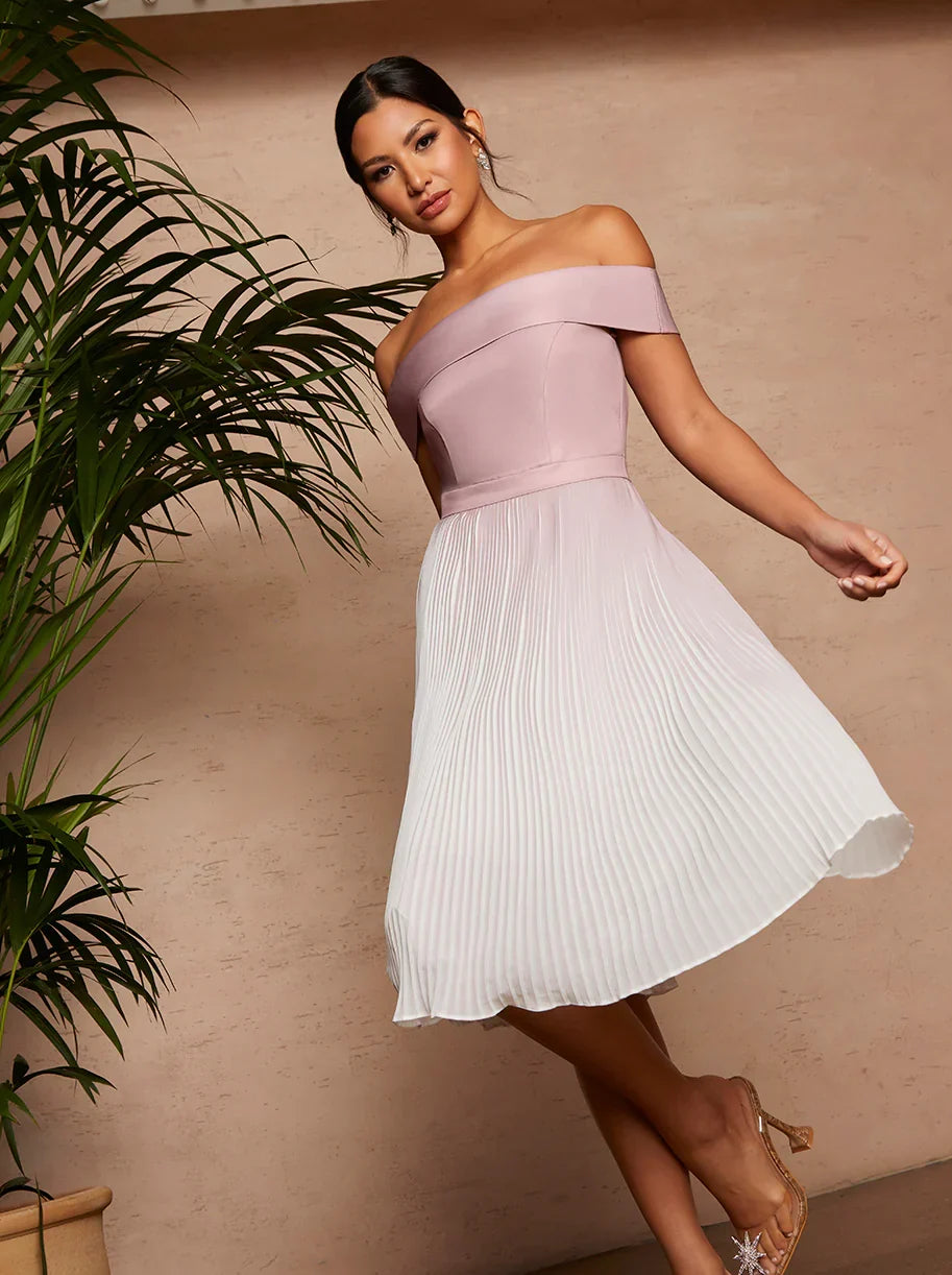 Bardot Ombre Pleated Midi Dress in Pink