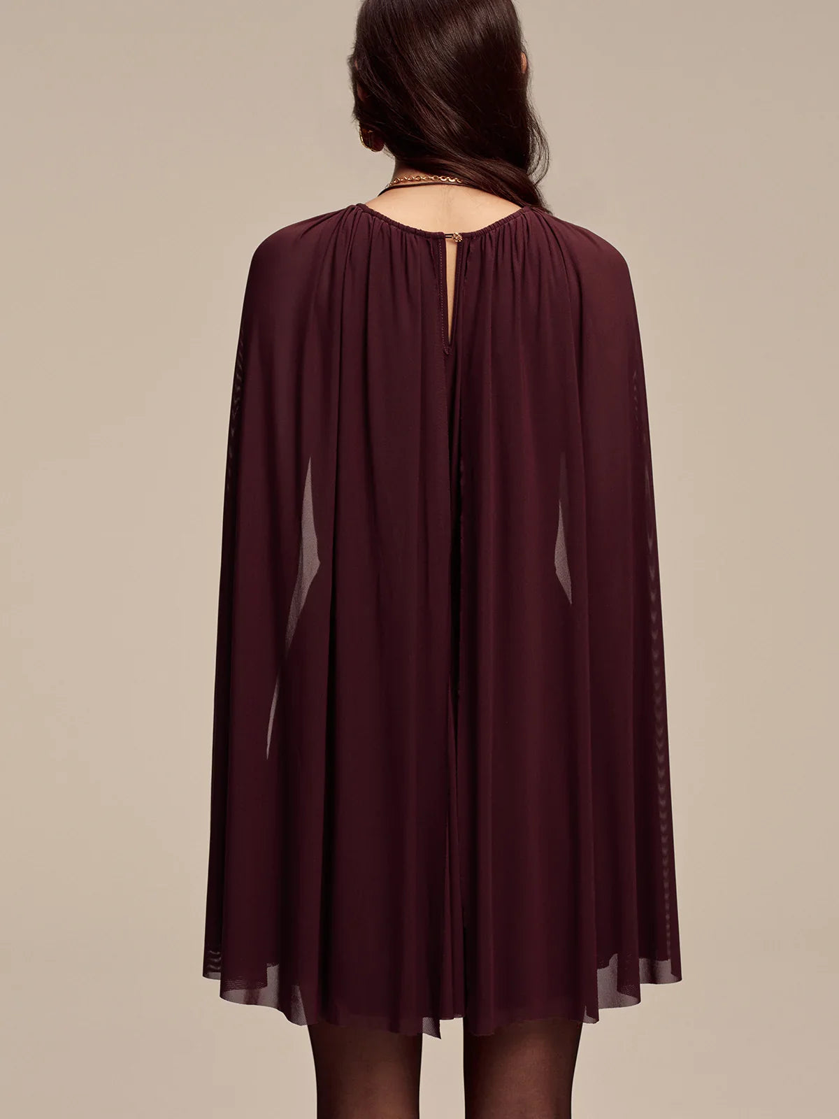 Mesh Cape Sleeve Tie-Waist Mini Dress
