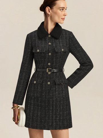 Faux Fur Collar Tweed Belted Mini Dress