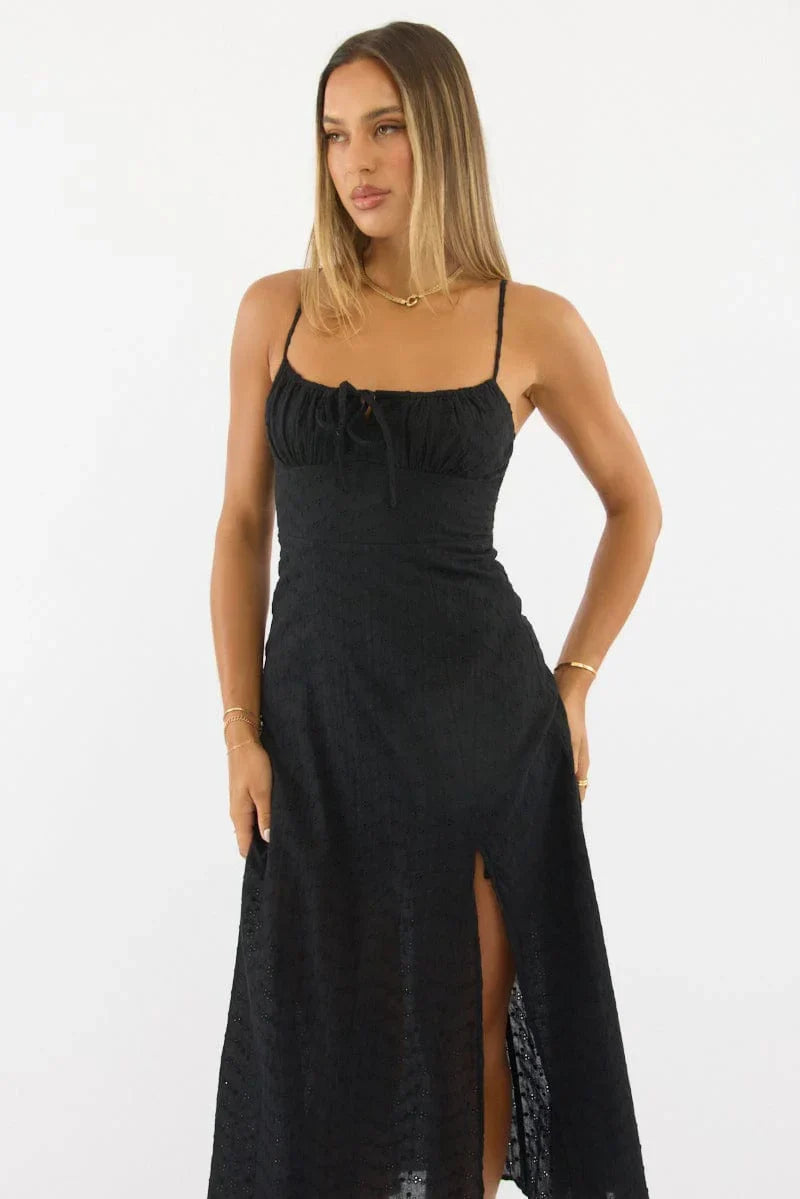 Black Midi Dress Gathered Bust Eyelet Fabric