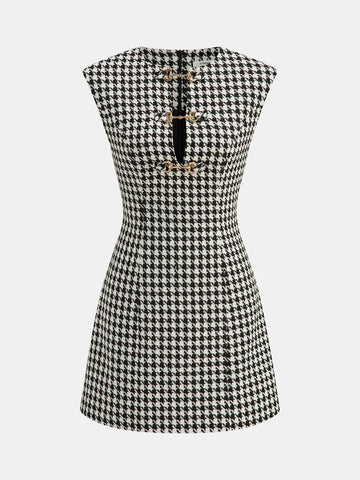 Houndstooth Tweed Mini Dress with Horsebit Detail