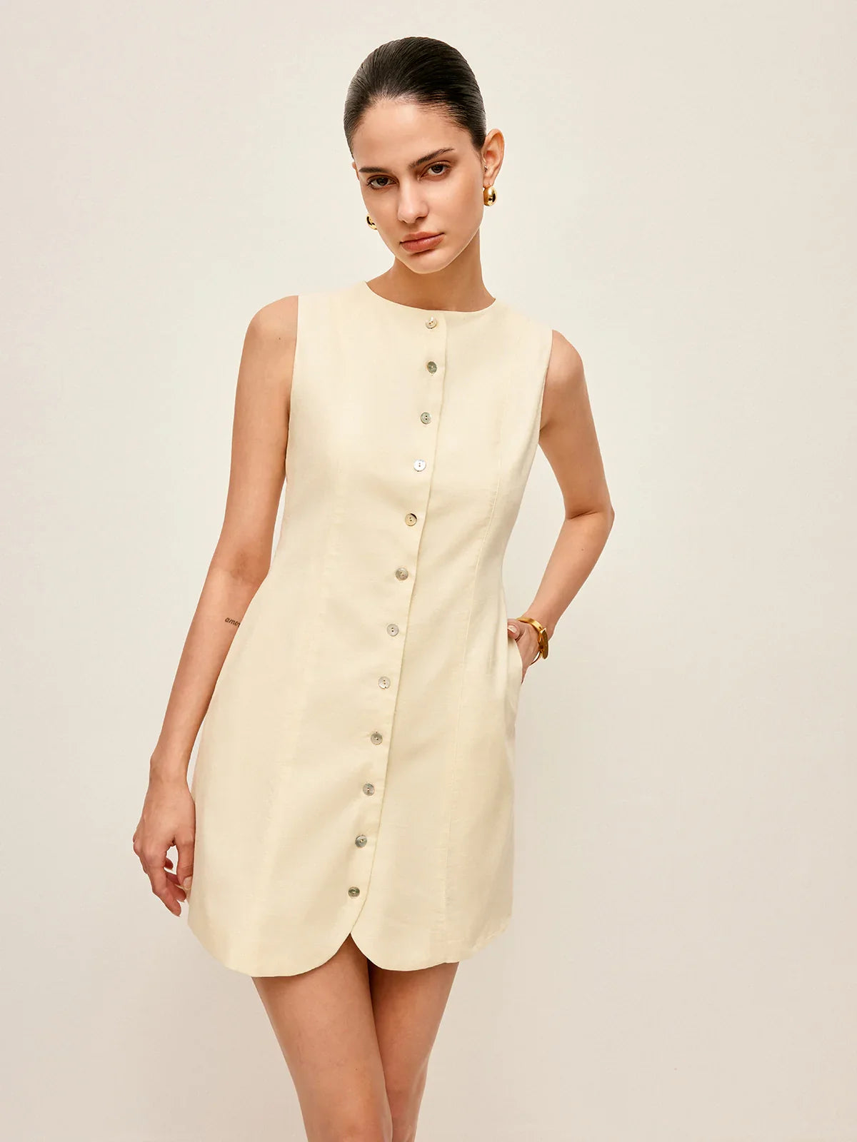 Button-Front Cotton & Linen Sleeveless Dress