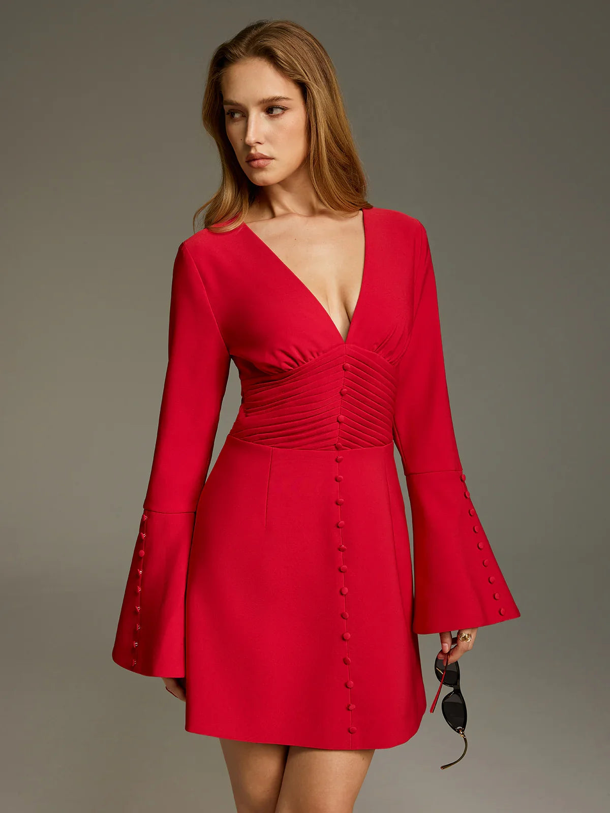 Deep V Ruched Bell-Sleeve Mini Dress