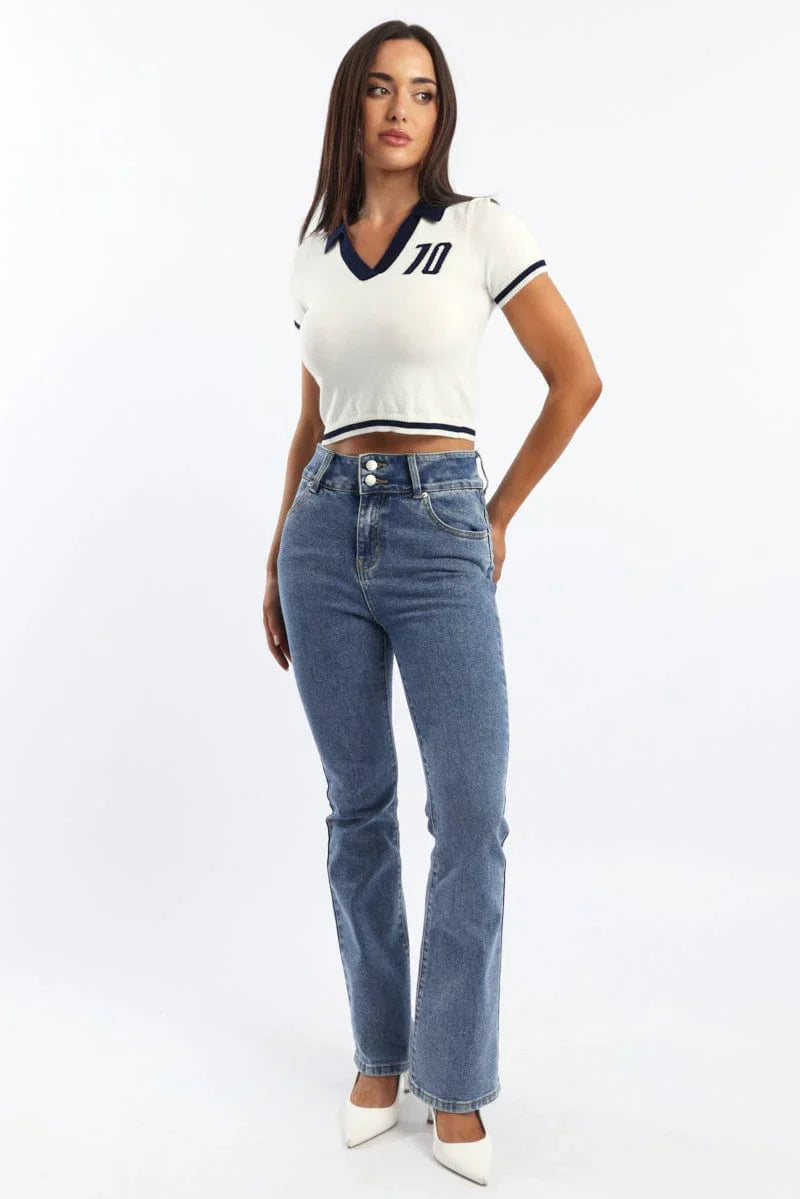 White Knit Top Short Sleeve Collared
