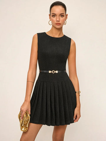 Tweed Sleeveless Pleated Mini Dress with Belt