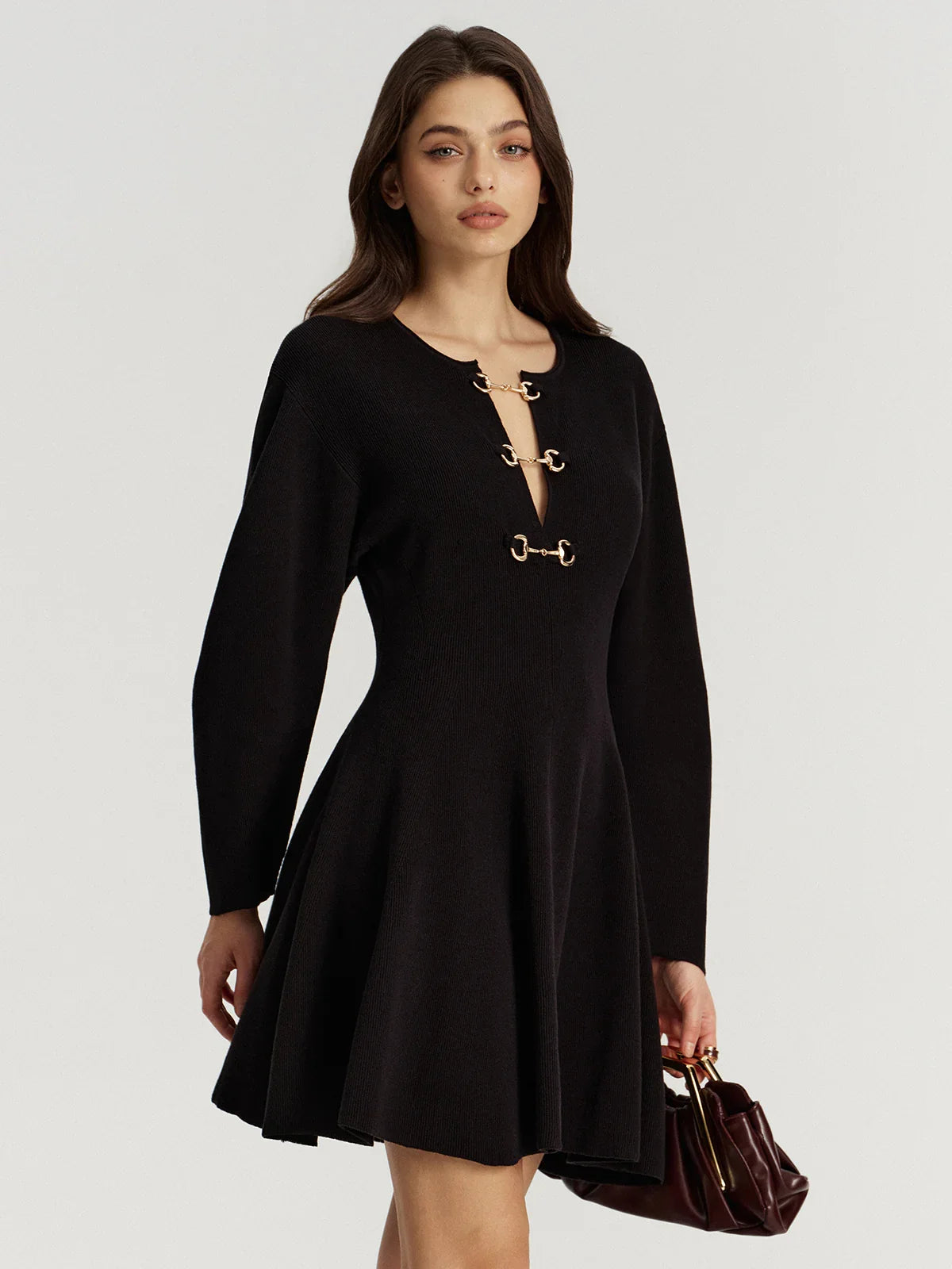 Horsebit Detail Knit Flared Dress