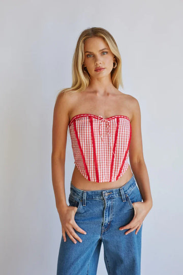 Kacey Lace Gingham Front Tie Corset