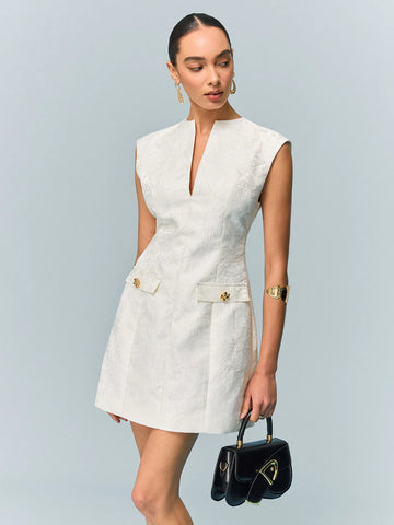 Pocketed Textured Mini Dress with Metal Button
