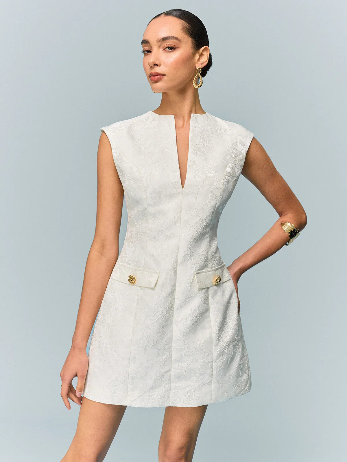 Pocketed Textured Mini Dress with Metal Button