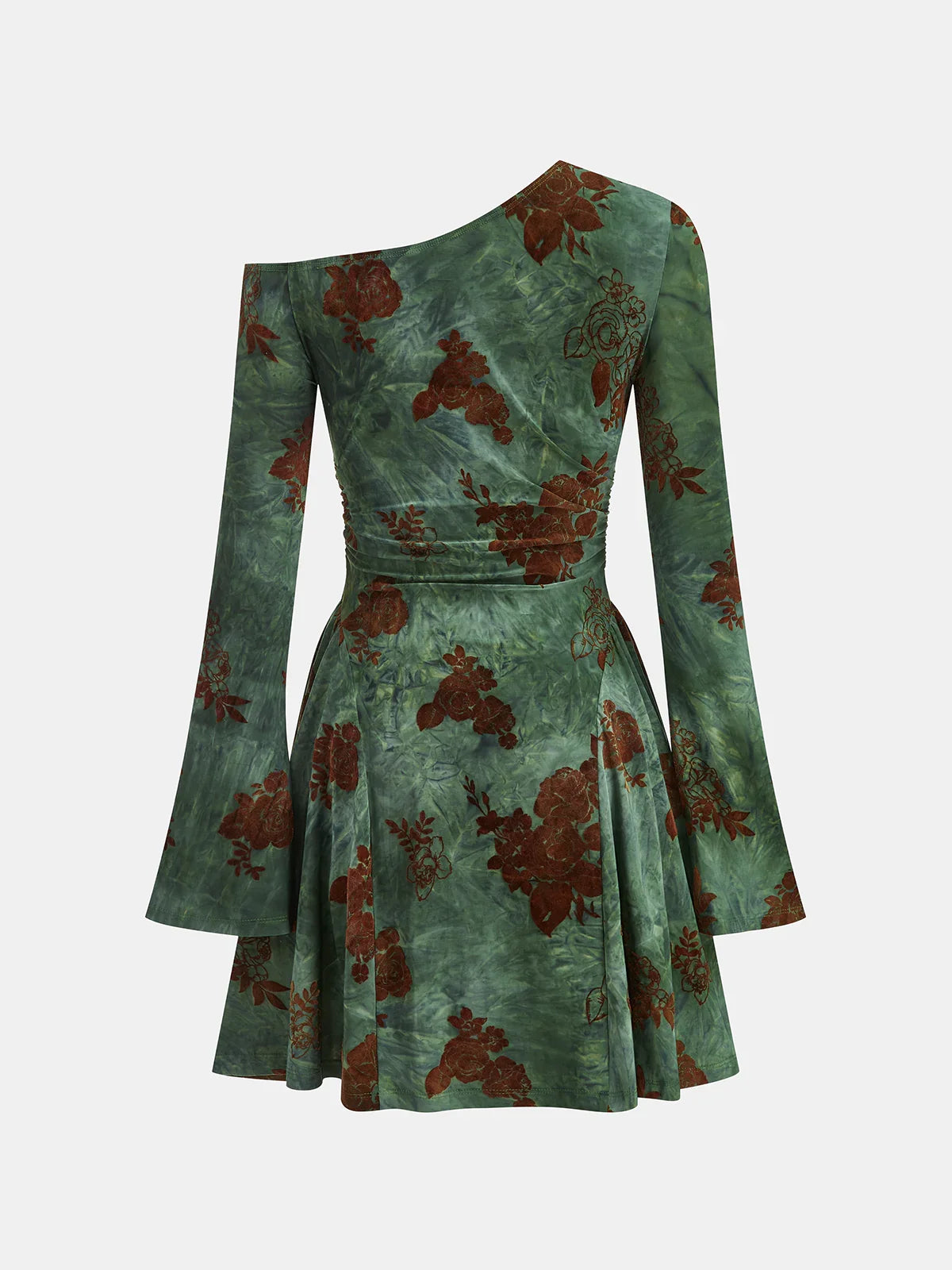 Flocked Floral Print One-Shoulder Mini Dress