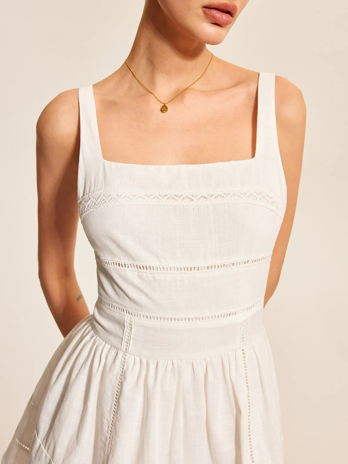Cotton Lace Trim Square Neck Dress