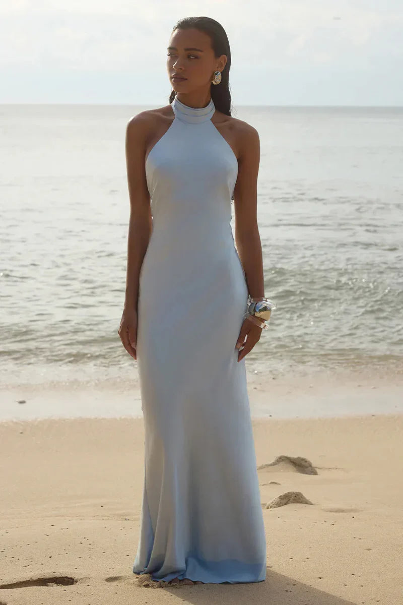Brigitte Halter Neck Open Back Satin Maxi Dress