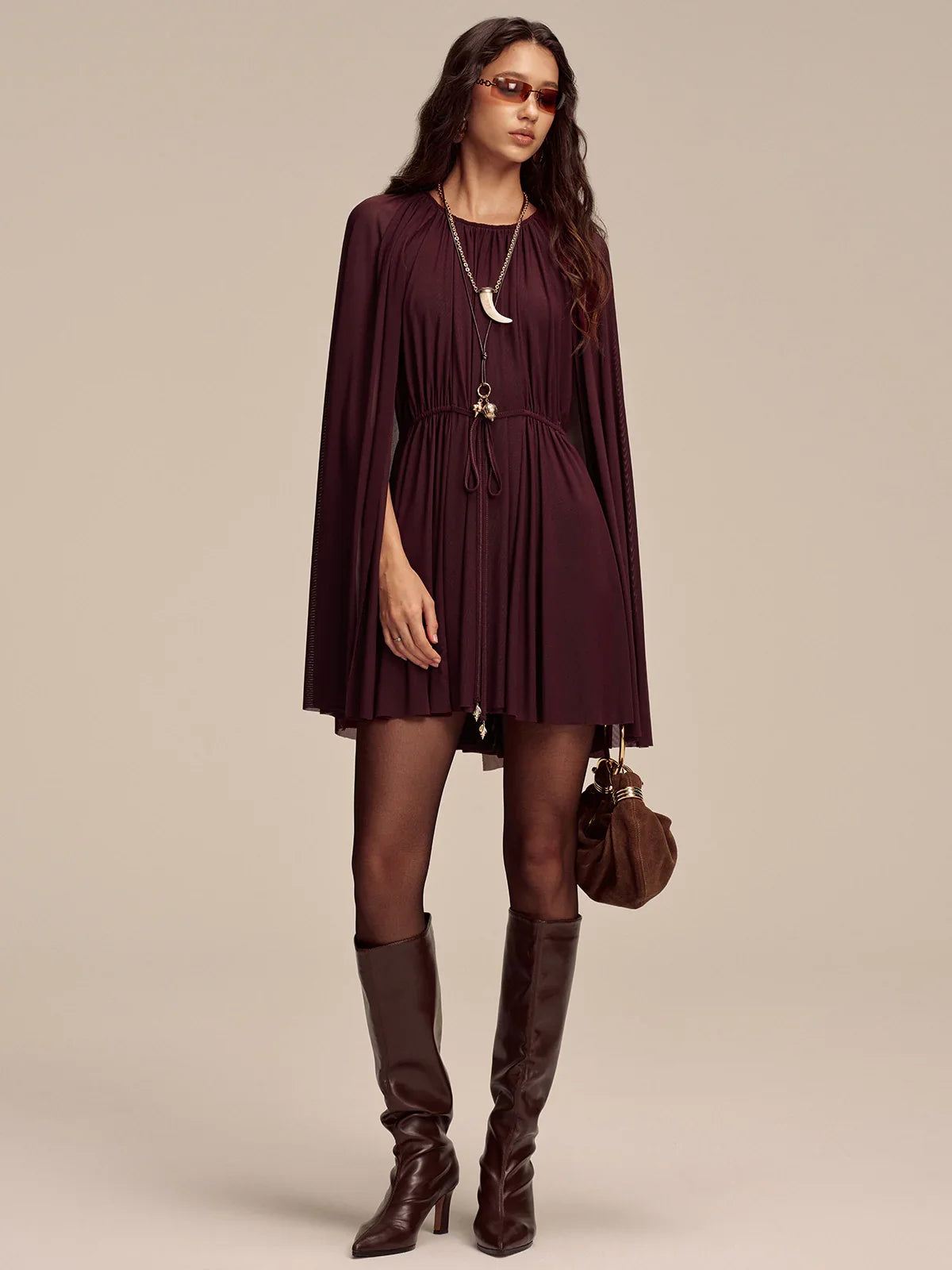 Mesh Cape Sleeve Tie-Waist Mini Dress