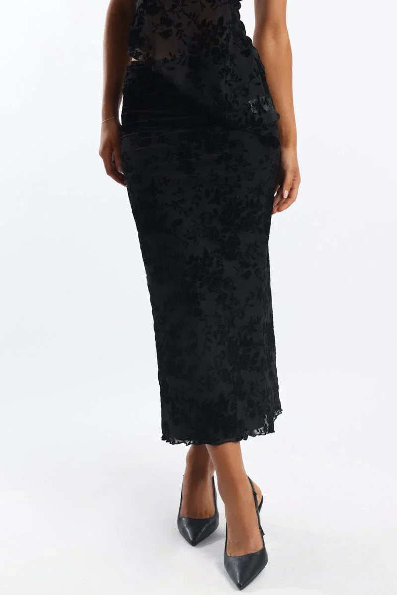 Black Floral Burnout Skirt Elasticated Picot Trim Midaxi
