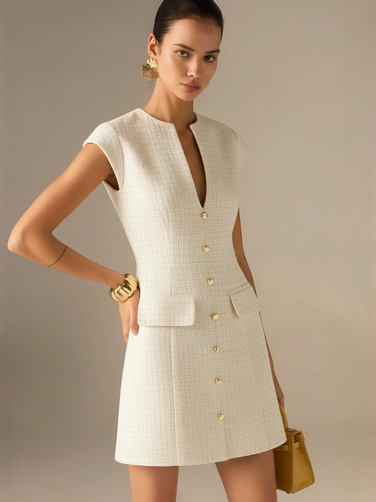 Metal Button Tweed Sleeveless Mini Dress
