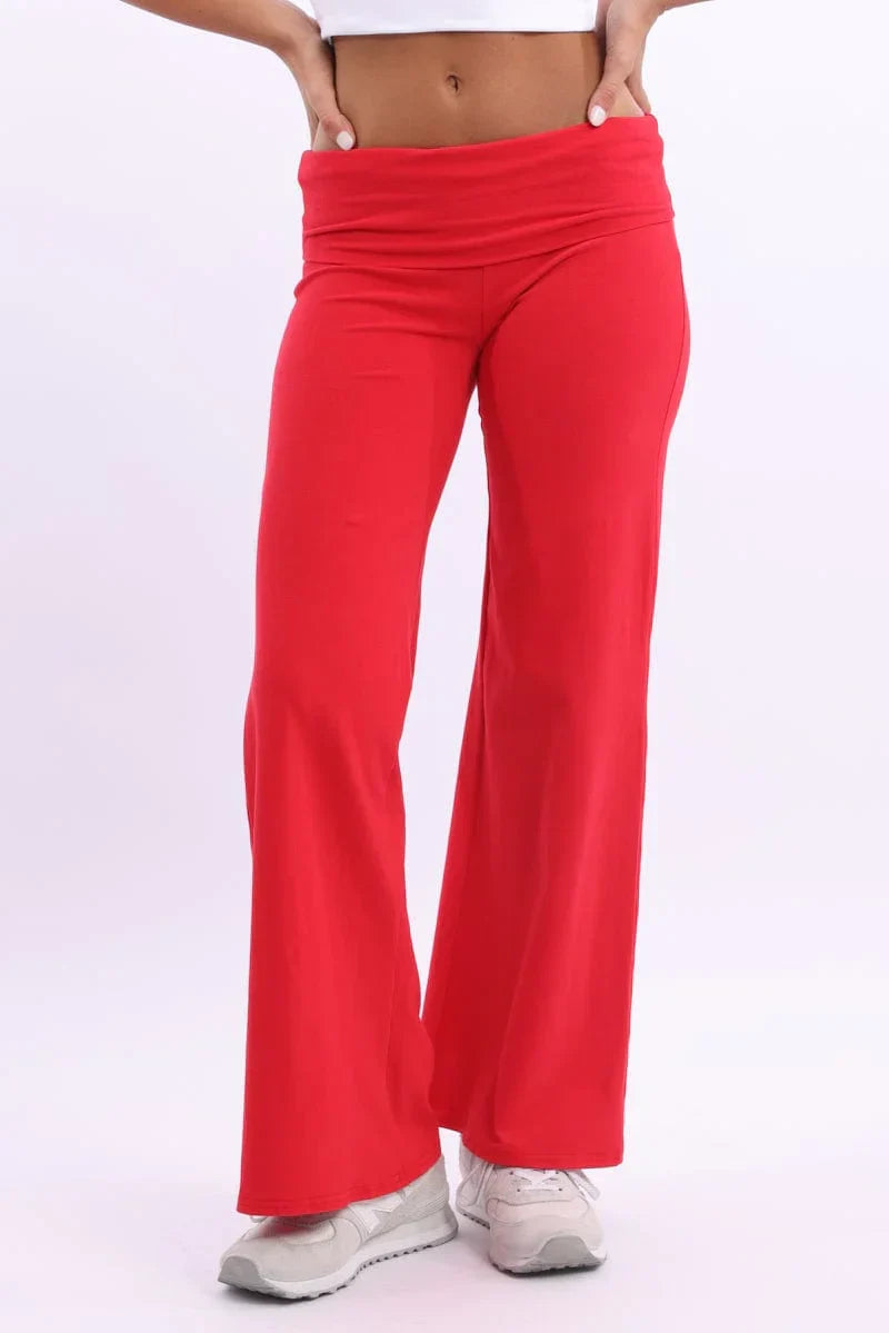 Red Wide Leg Pants Folded Waist Jersey