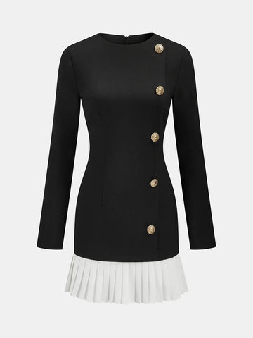 Pleated Hem Panel Asymmetric Metal Detail Mini Dress