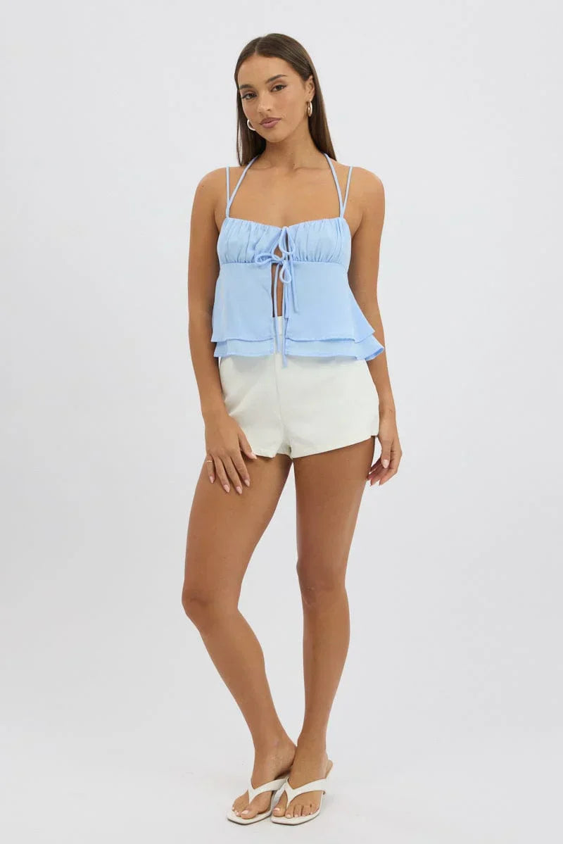 Blue Tie Front Cami Halter Neck Sleeveless