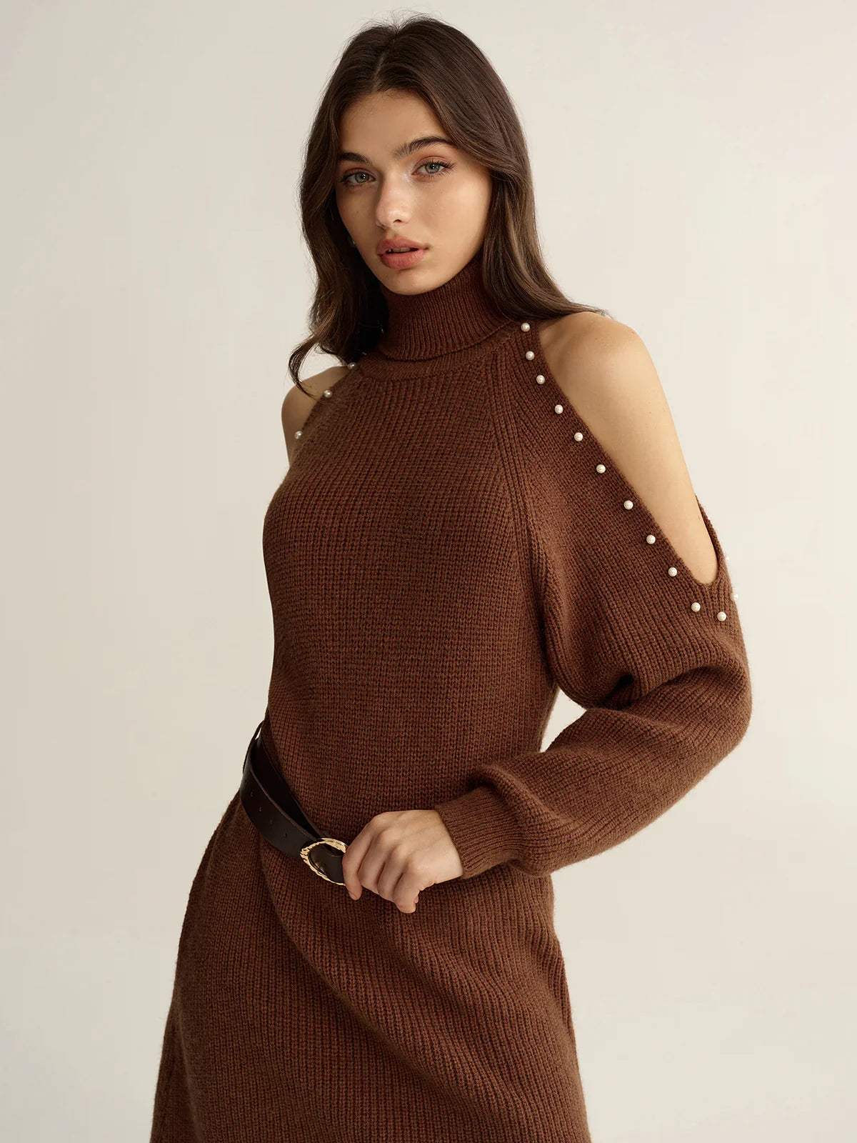 Belted Cold-Shoulder Turtleneck Knit Dress