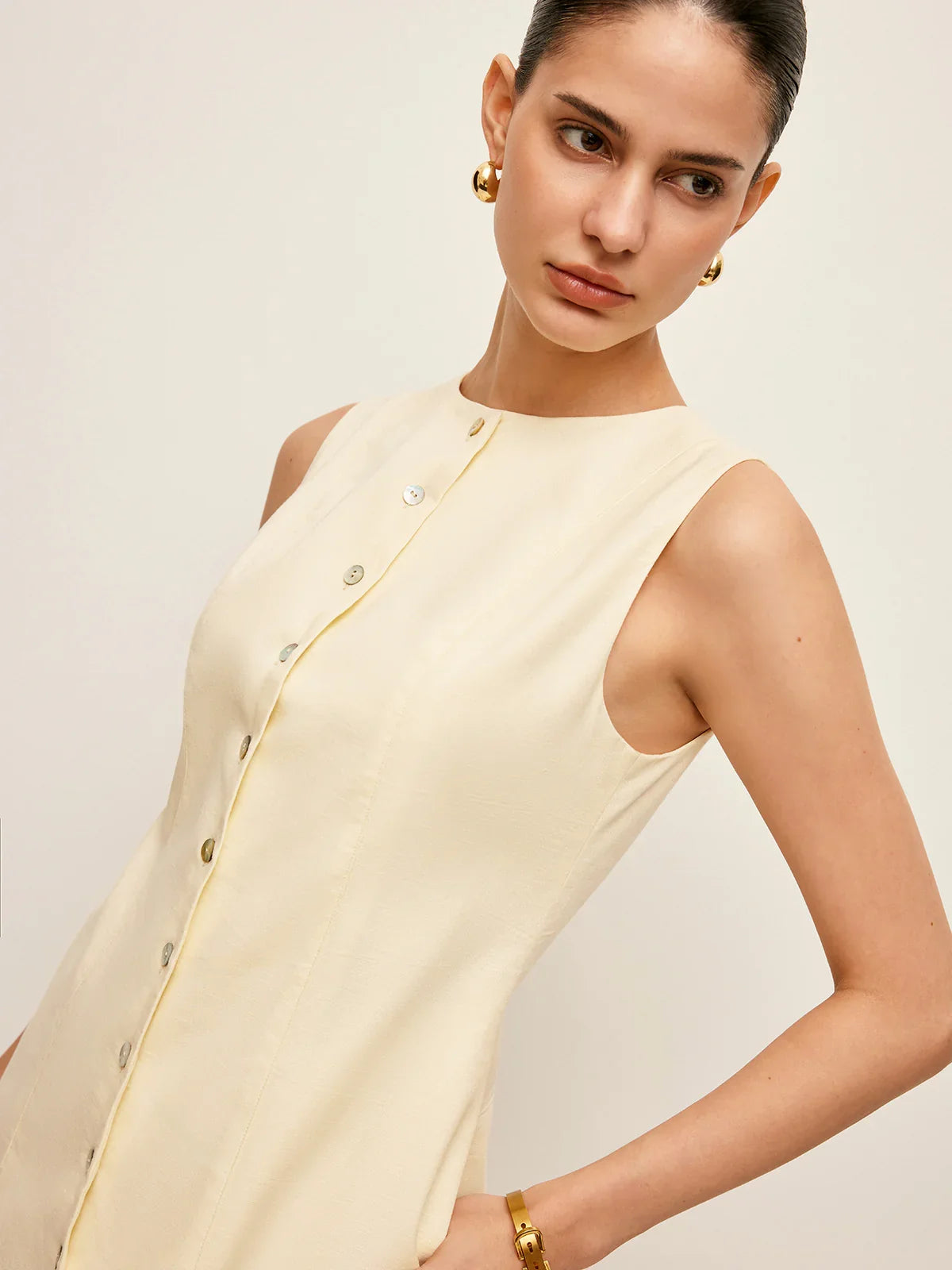 Button-Front Cotton & Linen Sleeveless Dress