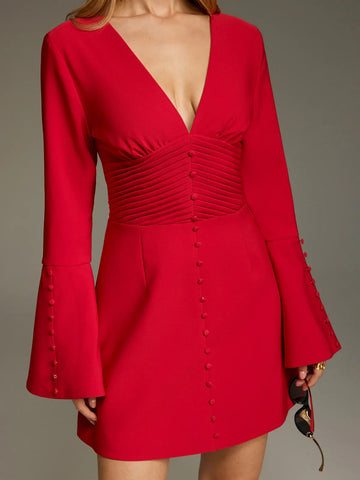 Deep V Ruched Bell-Sleeve Mini Dress
